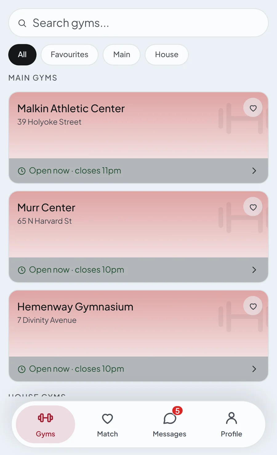 Gyms: See every gym on your campus in one place.
