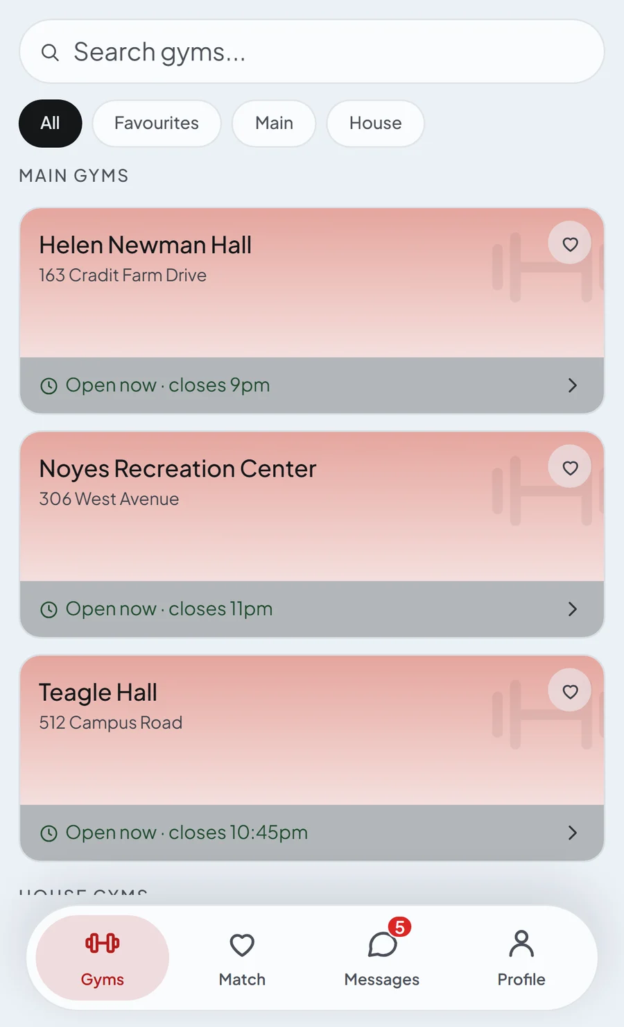 The Gyms screen in Cornell's colours