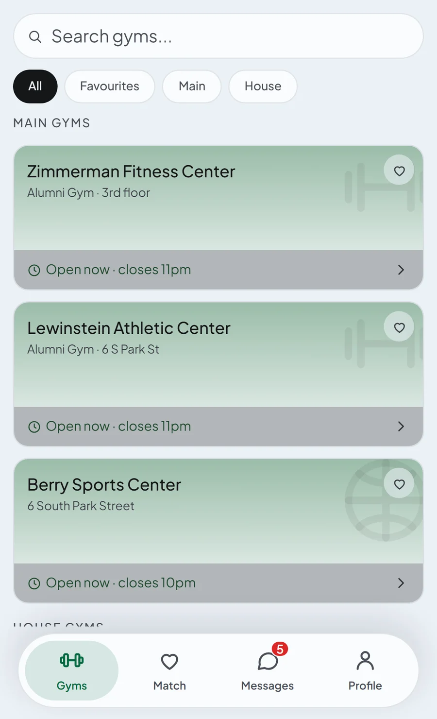 The Gyms screen in Dartmouth's colours