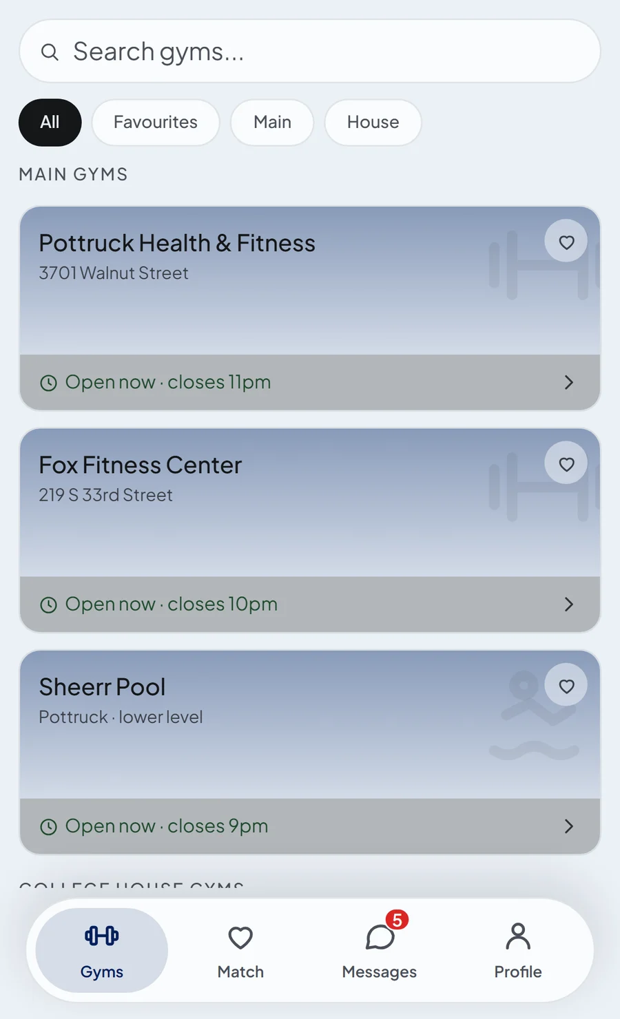 The Gyms screen in Penn's colours
