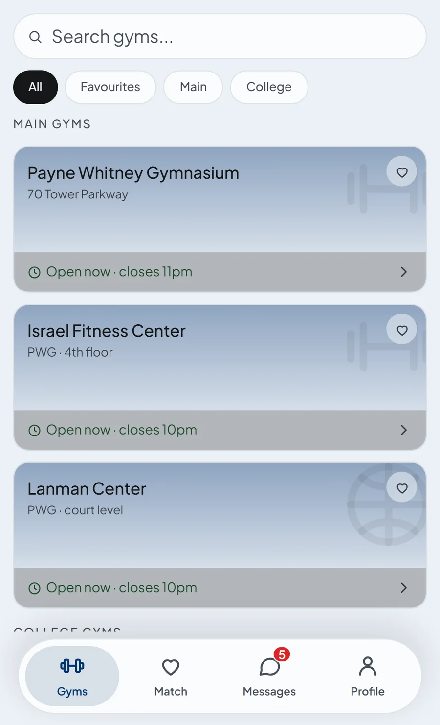 The Gyms screen in Yale's colours
