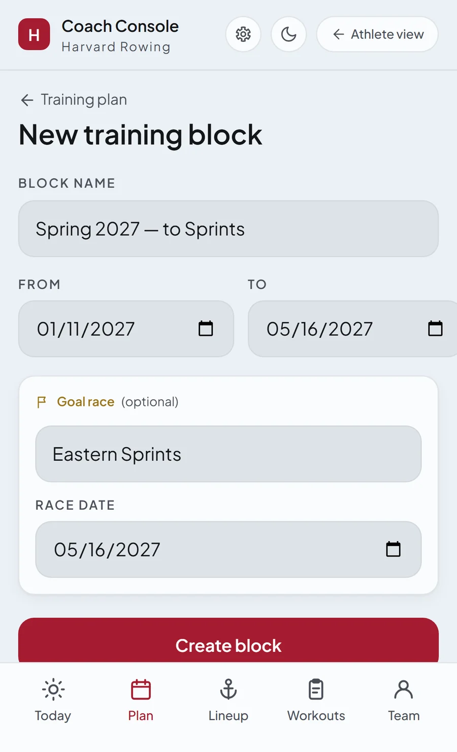 The new training block form: block name, from and to dates, and an optional goal race with its date