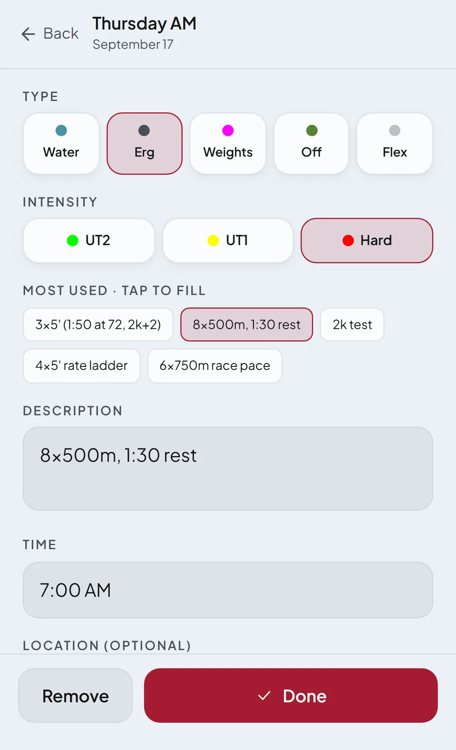 The session editor: the workout type row, the intensity pickers, the five most-used workouts as tap-to-fill chips, and the repeat-weekly switch