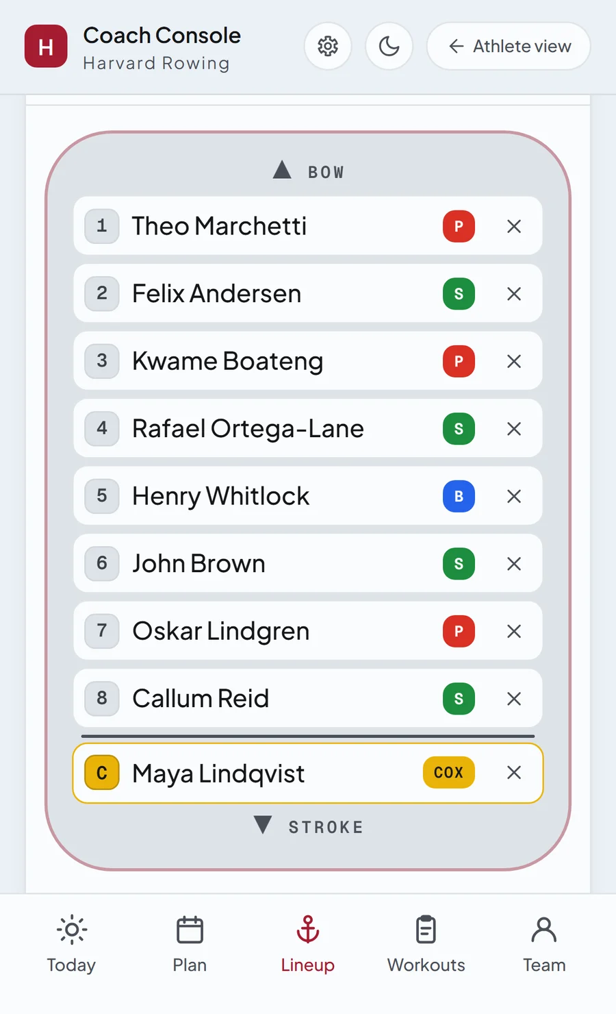The Lineup screen: the Hosea eight seated bow to stroke with the cox at the end, every seat tagged port, starboard or both