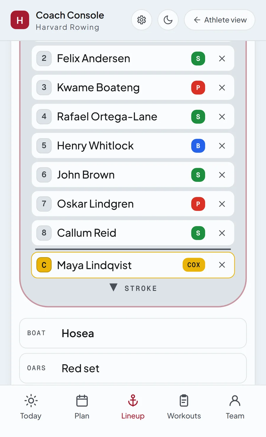 The foot of the boat's card on the Lineup screen: the crew from 2 seat down to the cox, then the boat's name and the oars it is rigged with